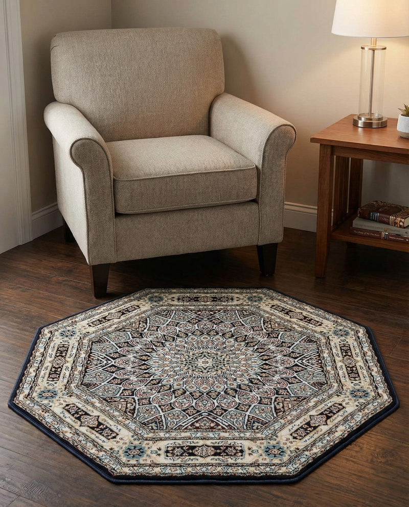 Persian Elegance Collection Area Rug -  Hamedan (Navy Blue) Octagon Navy Blue  lifestyle 92