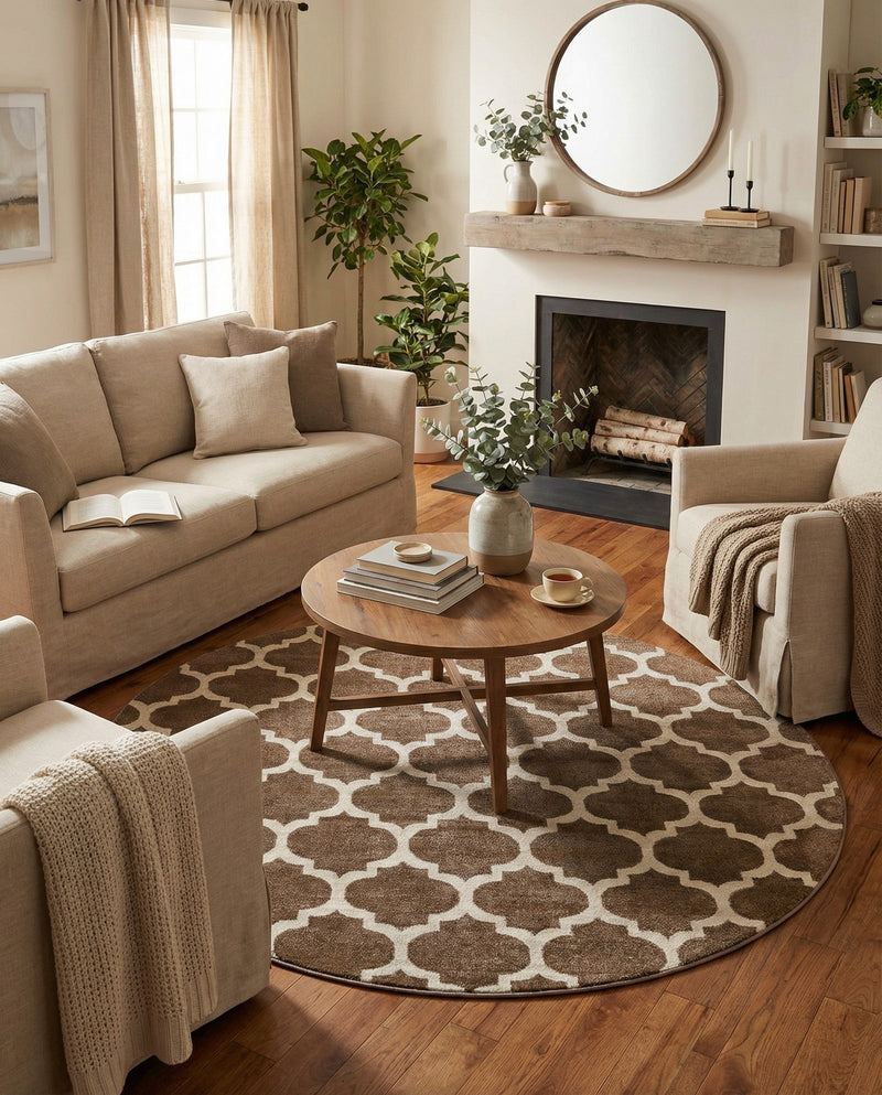 Lattice Gardens Collection Area Rug -  Bloomfield (Brown) Round Brown  lifestyle 30