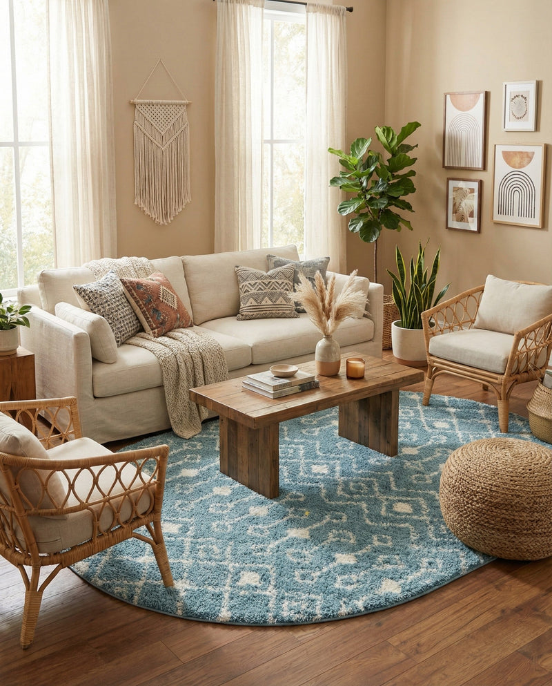 Berber Lattice Shag Collection Area Rug - Atlas (Light Blue) Oval Light Blue  lifestyle 36