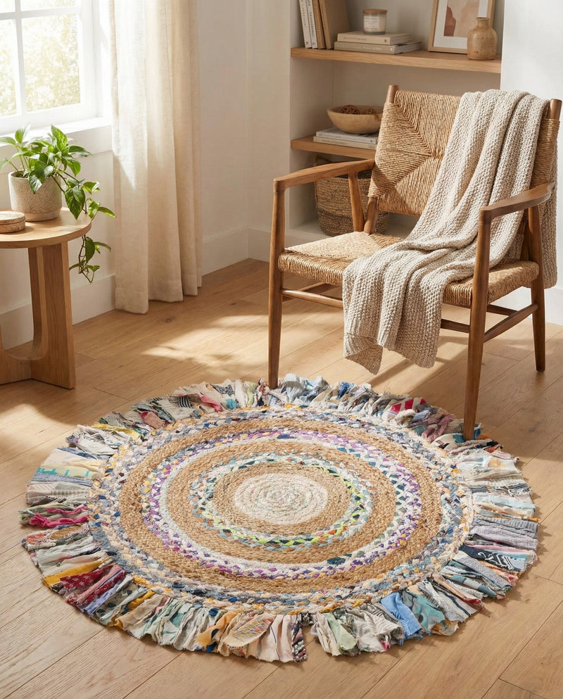 Osian Looms Collection Area Rug - Kathmandu Round Multi White  lifestyle 52
