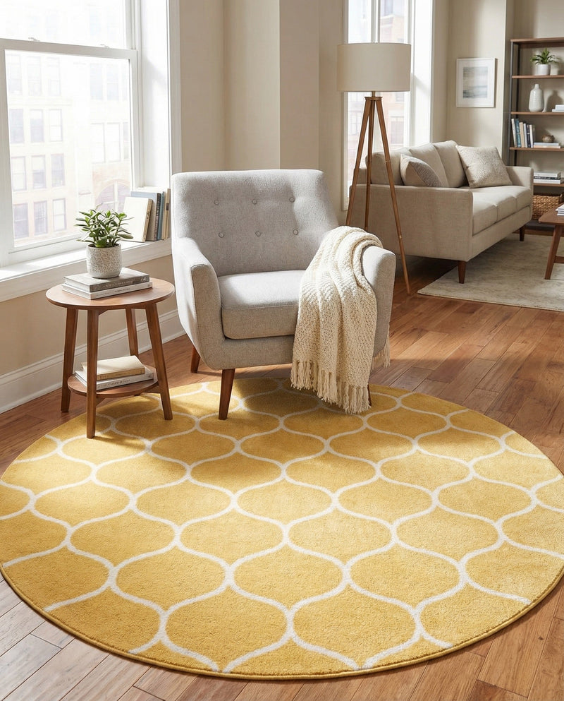Trellis Mosaic Collection Area Rug -  Pergolatown (Yellow) Round Yellow  lifestyle 49