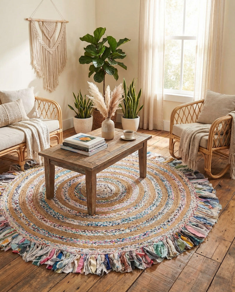 Osian Looms Collection Area Rug - Kathmandu Round Multi White  lifestyle 54