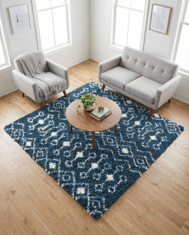 Berber Lattice Shag Collection Area Rug - Atlas (Navy Blue) Square Navy Blue  lifestyle 46