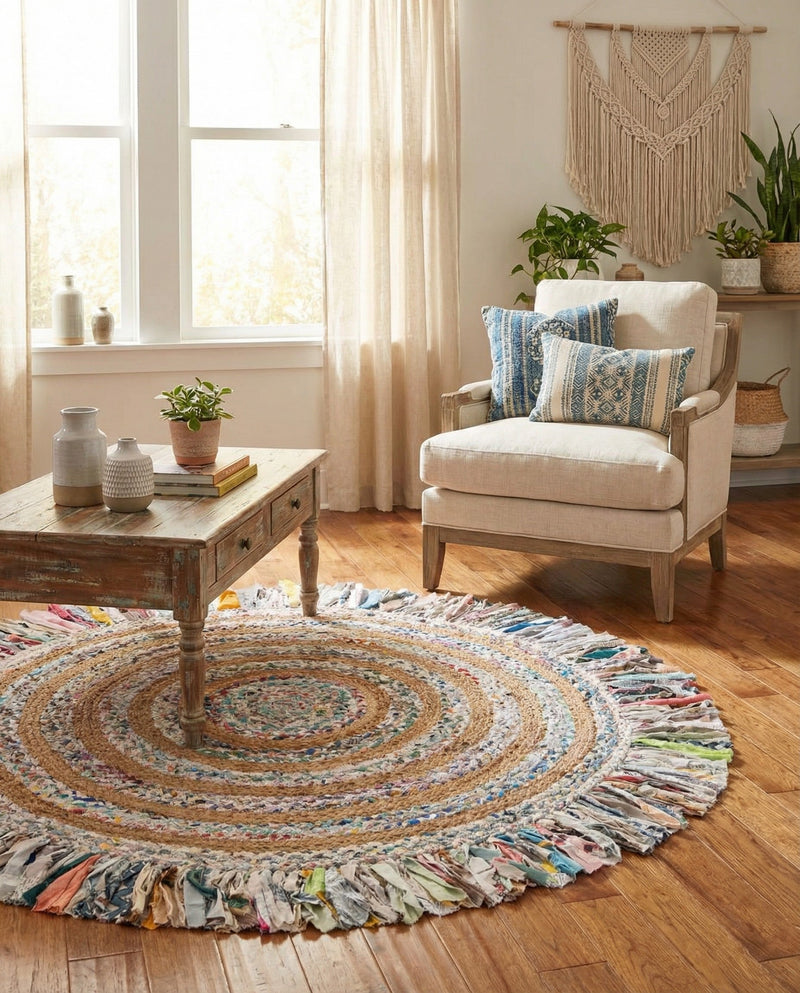 Osian Looms Collection Area Rug - Kathmandu Round Multi White  lifestyle 49