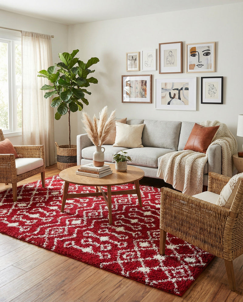 Berber Lattice Shag Collection Area Rug - Atlas (Burgundy Red) Rectangle Burgundy Red  lifestyle 7