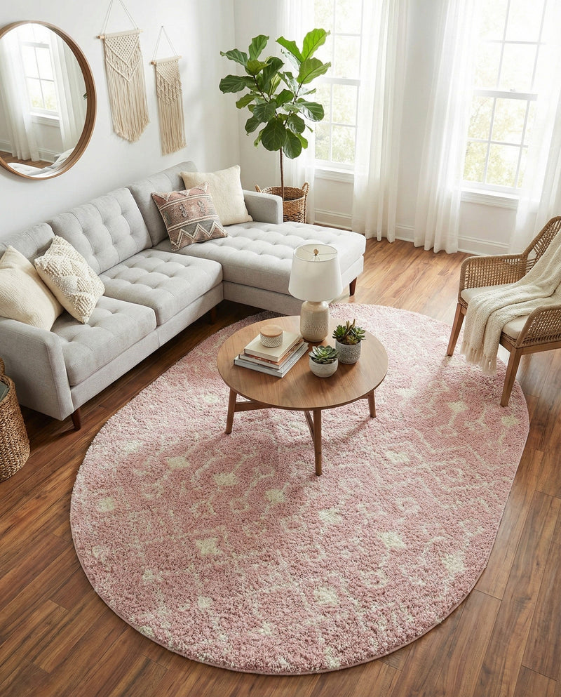 Berber Lattice Shag Collection Area Rug - Atlas (Light Pink) Oval Light Pink  lifestyle 34
