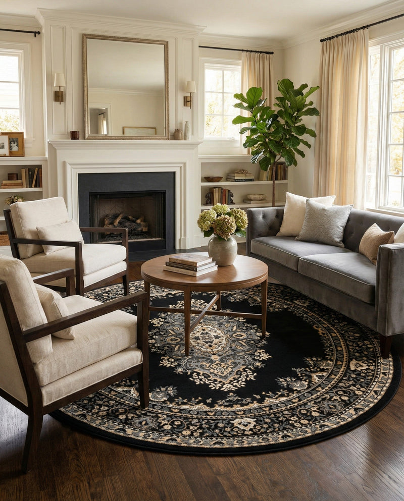 Tabriz Tapestry Collection Area Rug - Azerbaijan (Black) Round Black  lifestyle 39