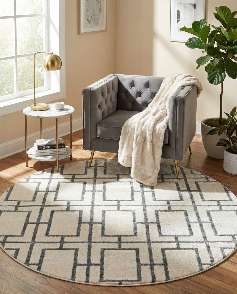 Hollywood Luxe Collection Area Rug -  Beverly (White Silver) Round White Silver  lifestyle 49