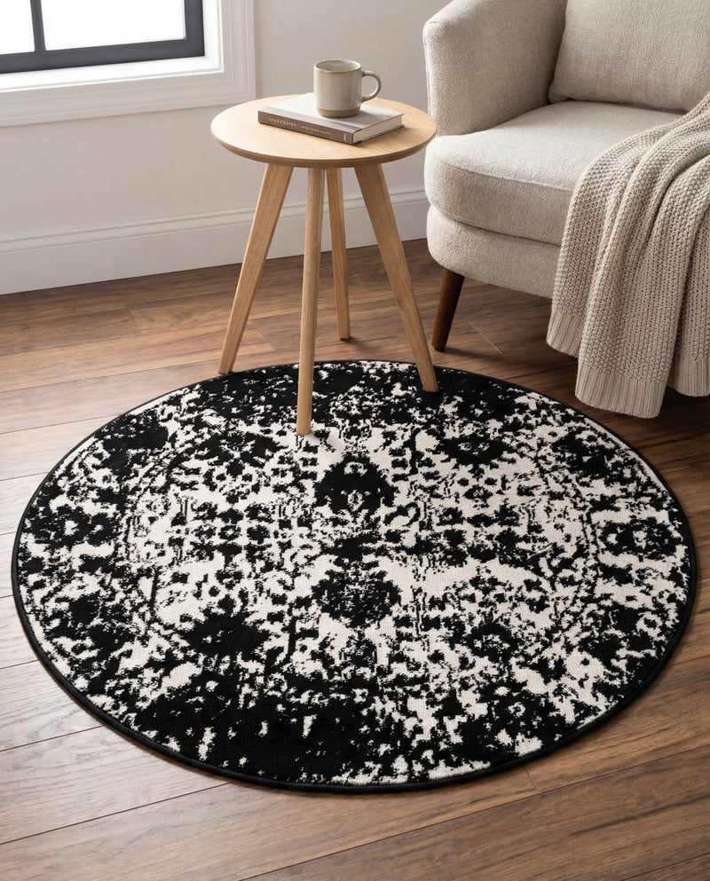 Cascade Range Collection Area Rug -  Shasta (Black and White) Round Black and White  lifestyle 42