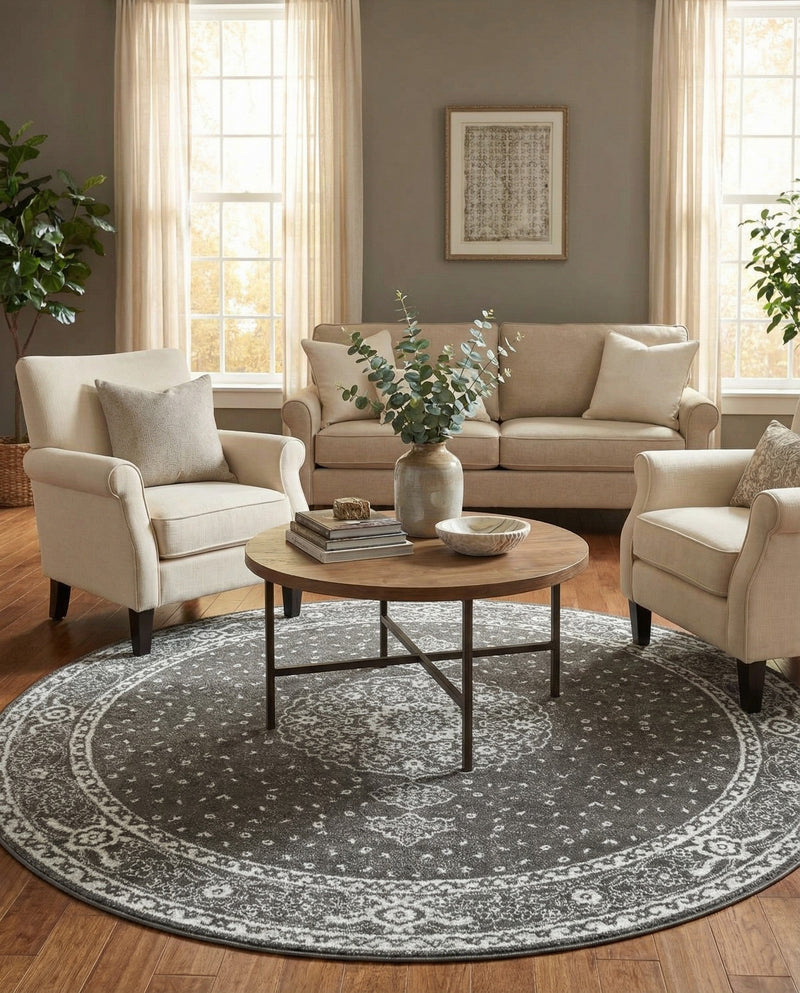 Dover Terrace Collection Area Rug - Marina (Dark Gray) Round Dark Gray  lifestyle 59