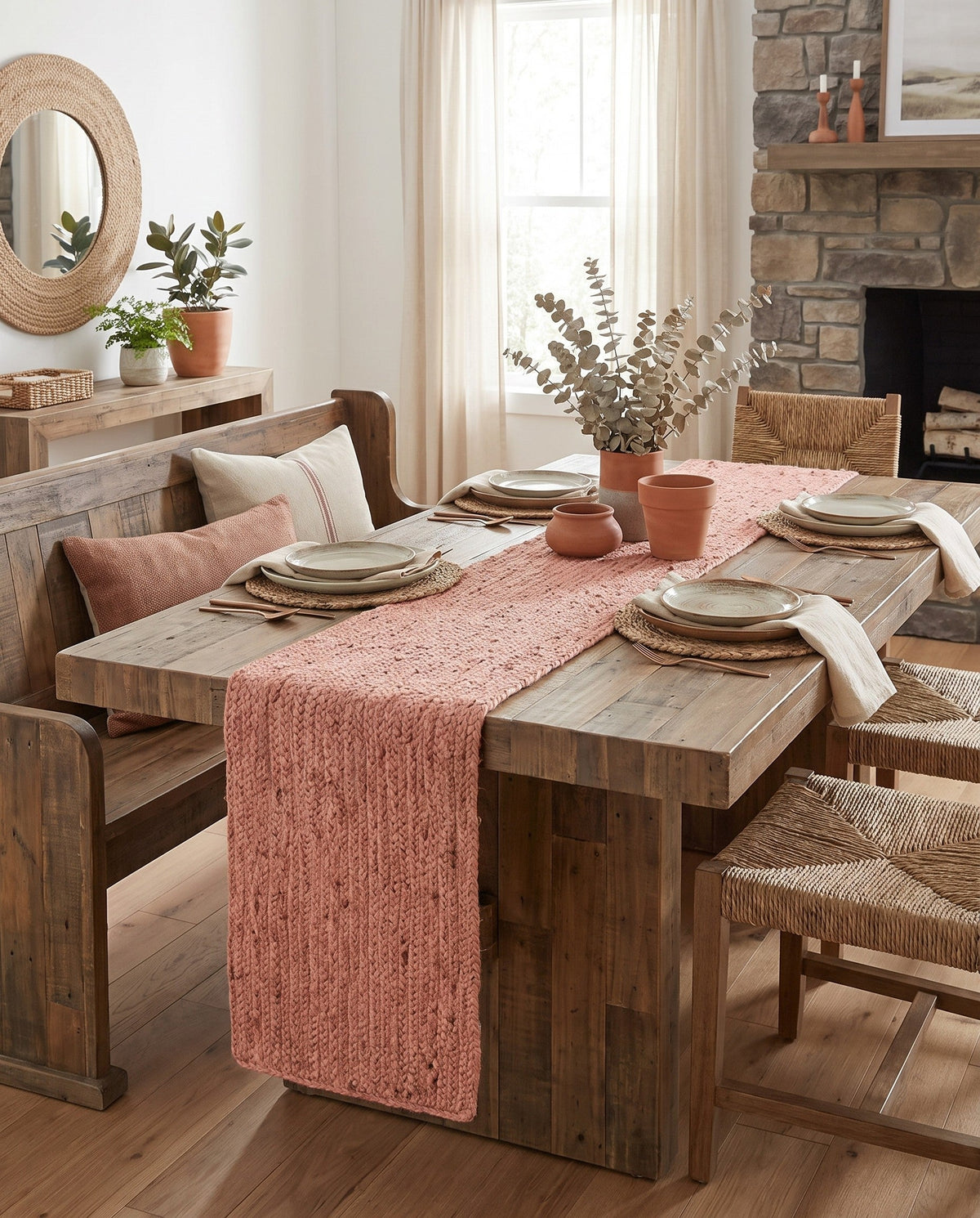 Woven Seaside Jute Collection Area Rug - Savannah (Light Pink) Table Runner Light Pink  lifestyle 87