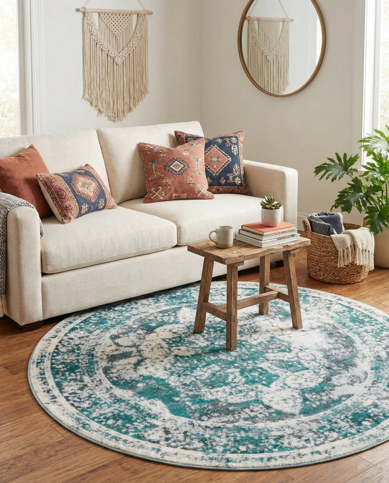 Riviera Elegance Collection Area Rug -  Menton (Turquoise) Round Turquoise  lifestyle 61