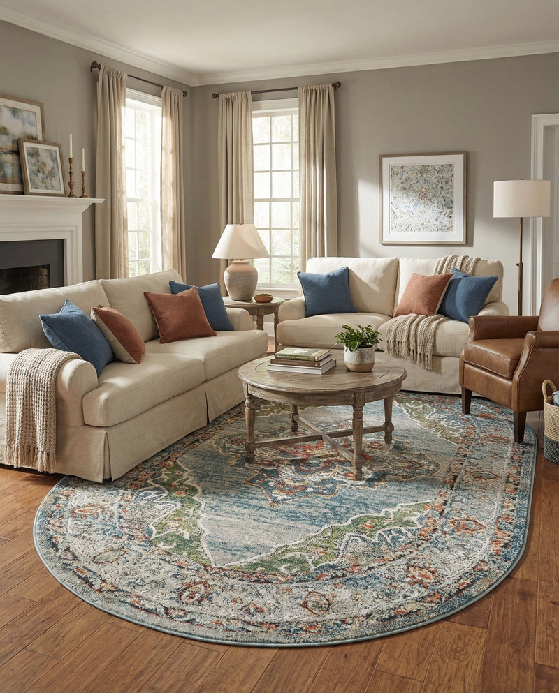 Savannah Soiree Collection Area Rug - Serengeti (Blue) Oval Blue  lifestyle 71