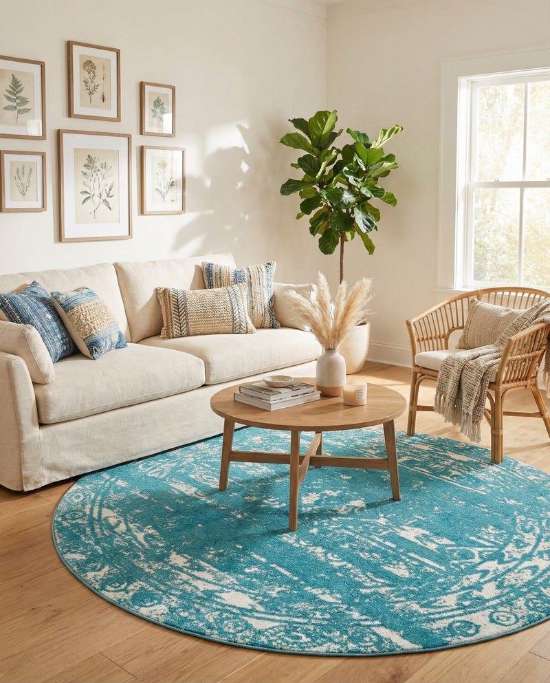 Brighton Stripes Collection Area Rug - Sussex (Turquoise) Round Turquoise  lifestyle 52