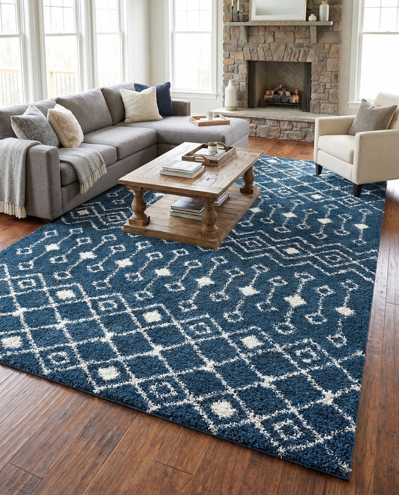 Berber Lattice Shag Collection Area Rug - Atlas (Navy Blue) Rectangle Navy Blue  lifestyle 14