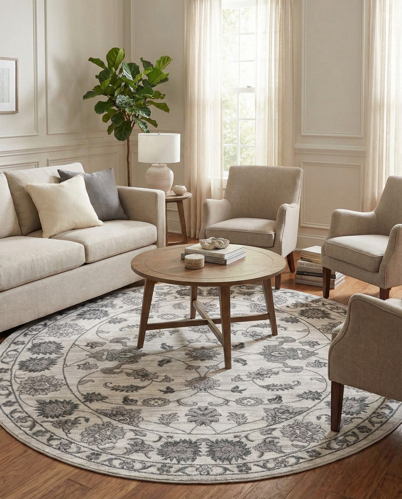 Charleston Elegance Collection Area Rug -  Seaport (white Gray) Round white Gray  lifestyle 58