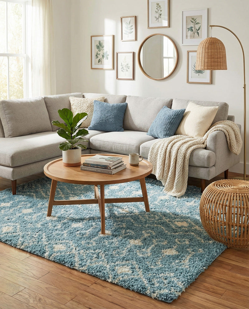 Berber Lattice Shag Collection Area Rug - Atlas (Light Blue) Square Light Blue  lifestyle 37
