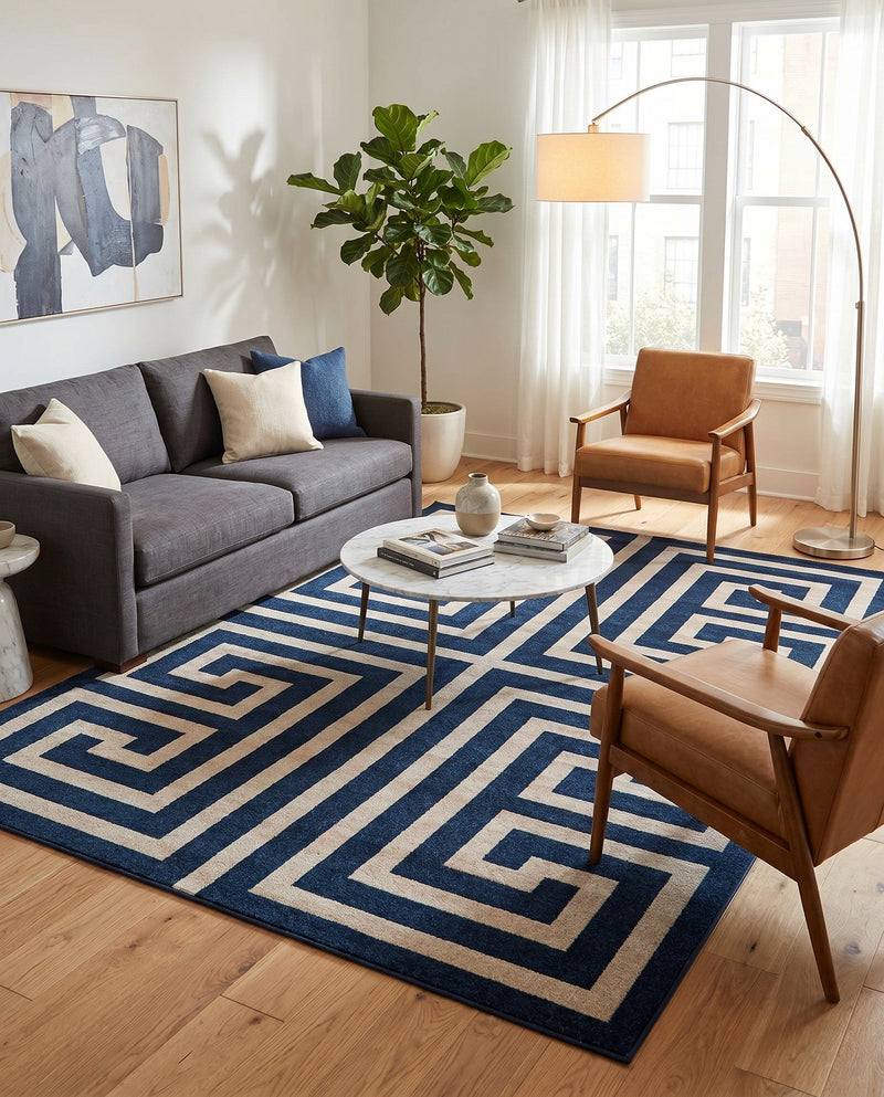 Aegean Labyrinth Collection Area Rug -  Mykonos Rectangle Navy Blue  lifestyle 19