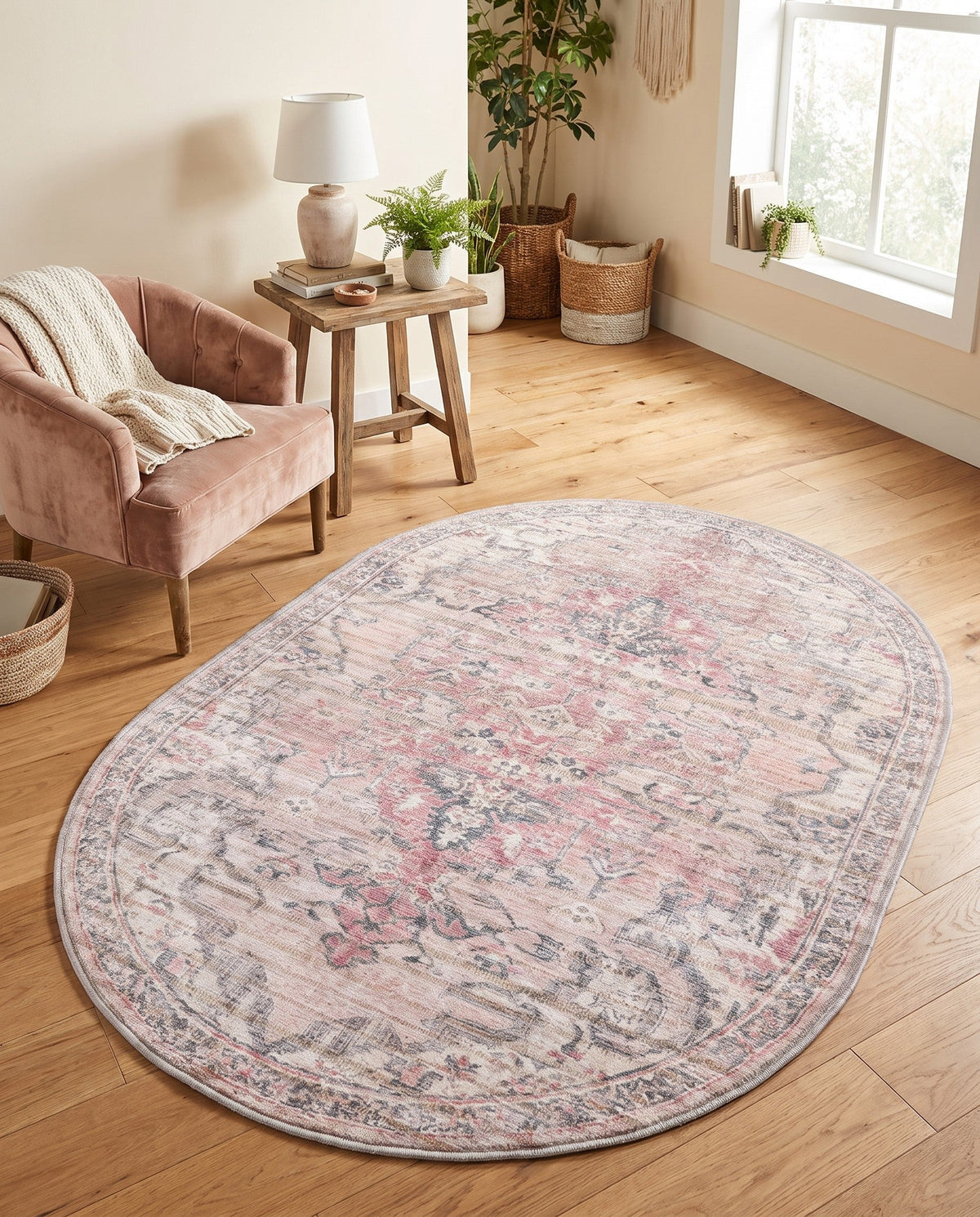 Vintage Memories Collection Area Rug - Echoes Oval Beige and Pink  lifestyle 109