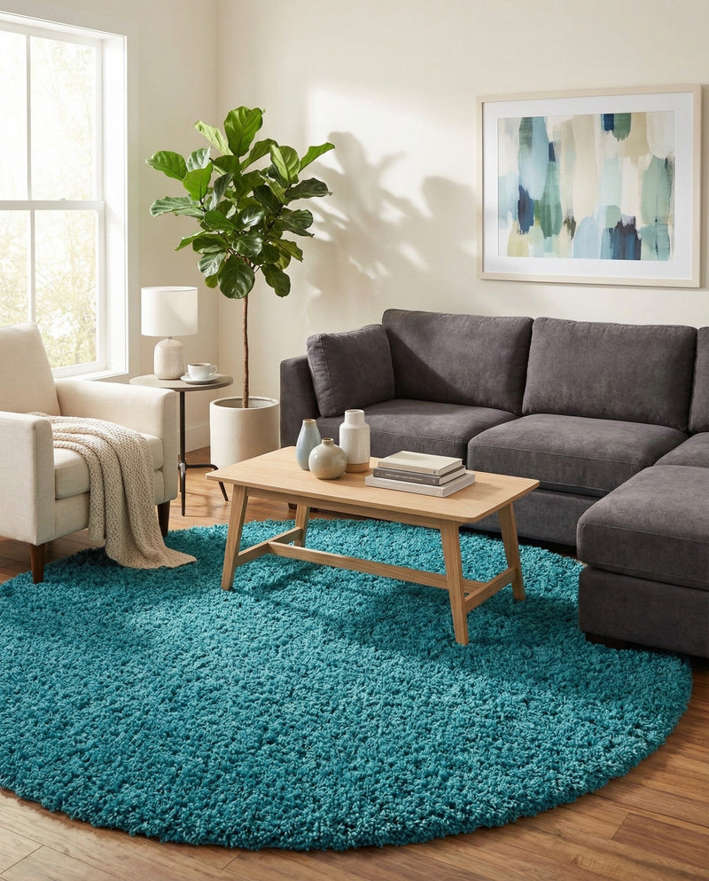 Plush Oasis Collection Area Rug - Serenity (Deep Aqua Blue) Round Deep Aqua Blue  lifestyle 30