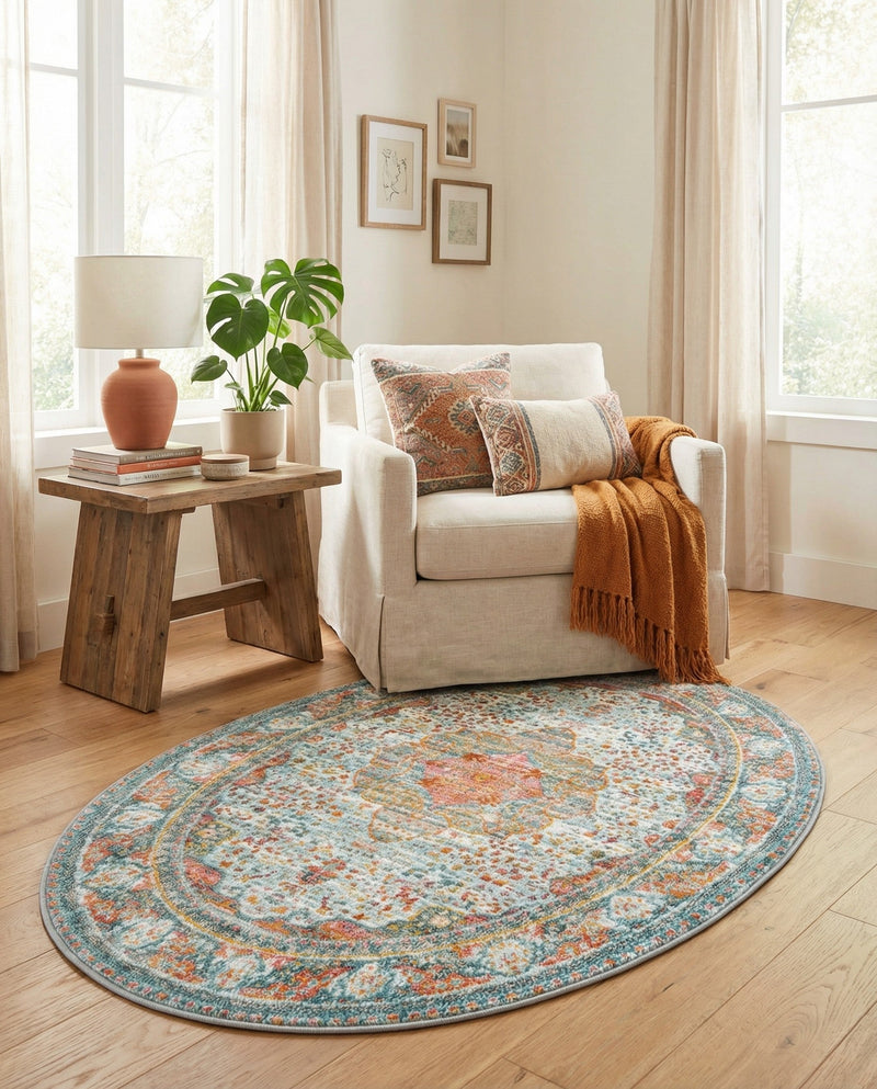 Caribbean Breeze Collection Area Rug -  Floriana Oval Light Blue  lifestyle 80