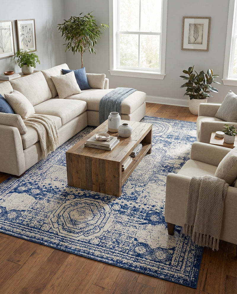 Dover Terrace Collection Area Rug -  Lagoon (Ivory and Blue) Rectangle Ivory and Blue  lifestyle 5