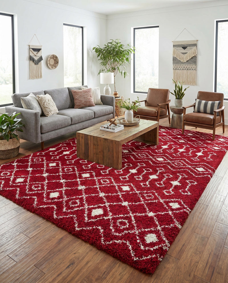 Berber Lattice Shag Collection Area Rug - Atlas (Burgundy Red) Rectangle Burgundy Red  lifestyle 11