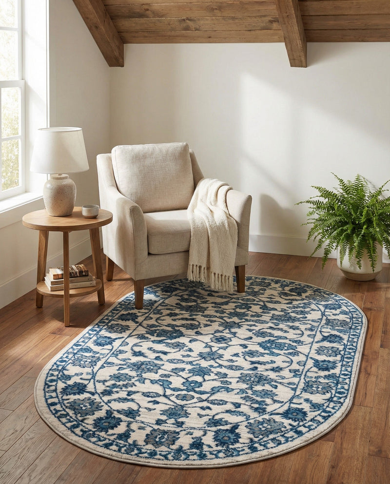 Charleston Elegance Collection Area Rug -  Seaport (White Blue) Oval White Blue  lifestyle 77