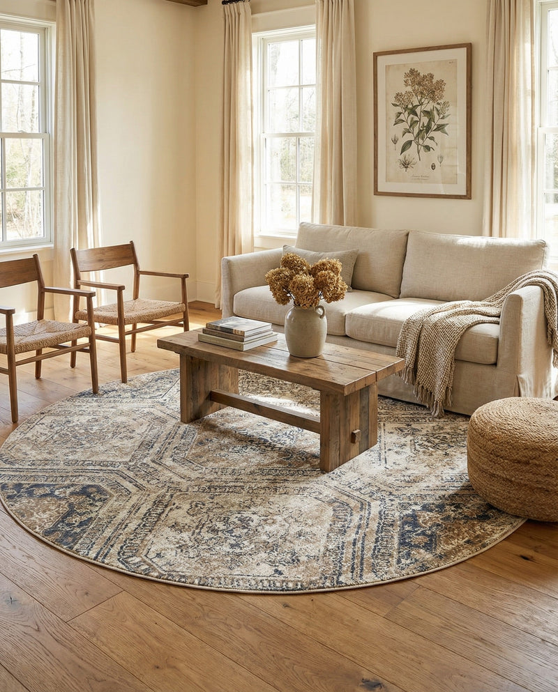 Coastal Manor Collection Area Rug -  Oceanfront Round Blue Beige  lifestyle 43