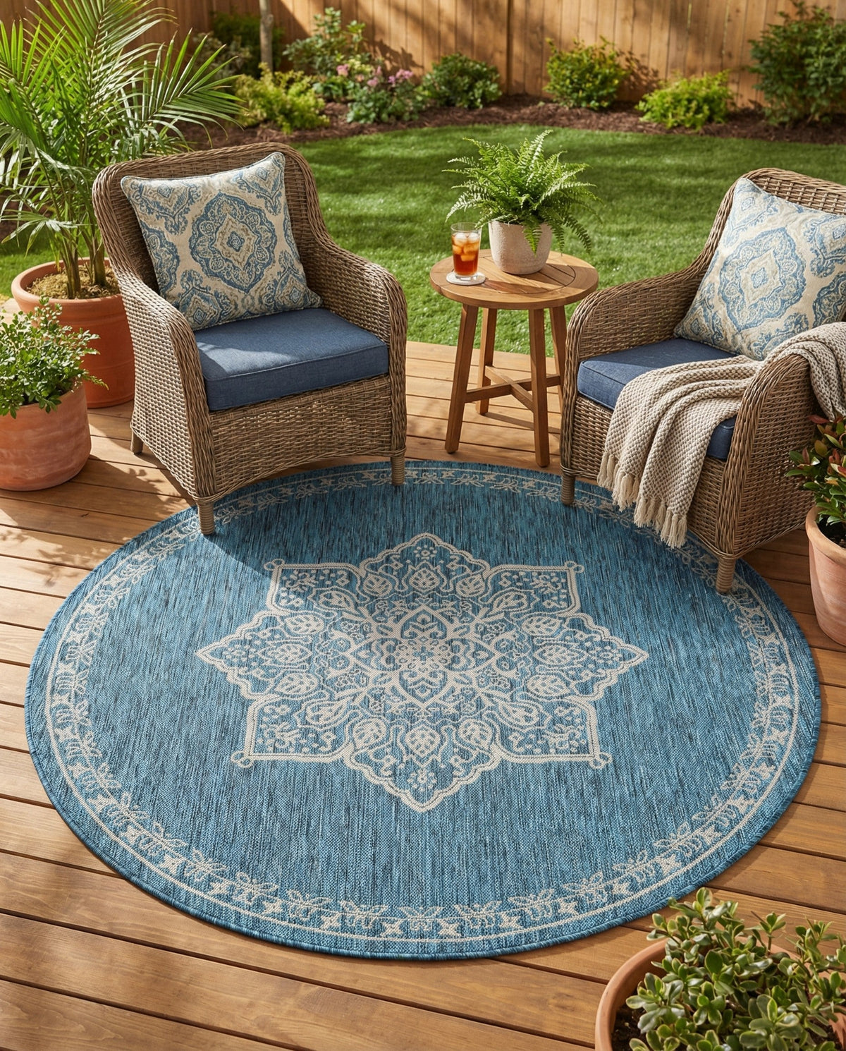 Patio Heritage Collection Area Rug -  Charleston (Teal) Round Teal  lifestyle 85
