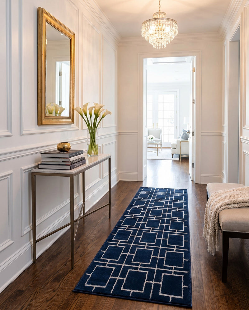 Hollywood Luxe Collection Area Rug -  Beverly (Navy Blue Silver) Runner Navy Blue Silver  lifestyle 48