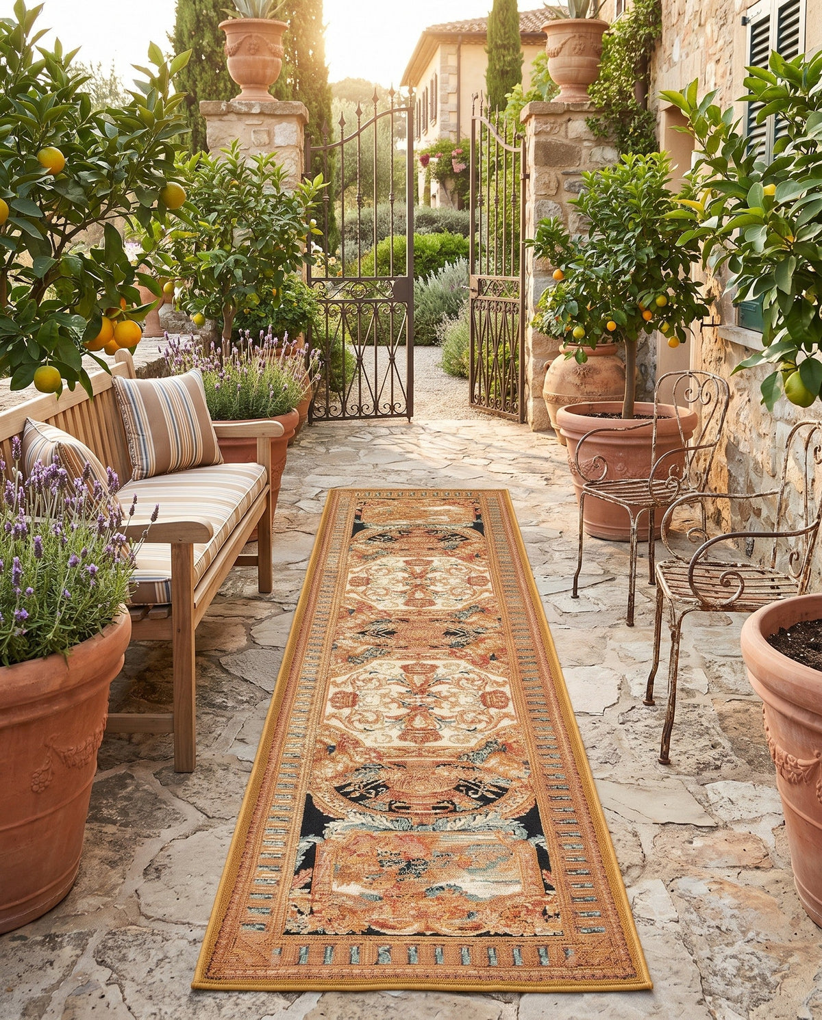 Patio Heritage Collection Area Rug - Veranda Runner Black Gold Brown  lifestyle 98