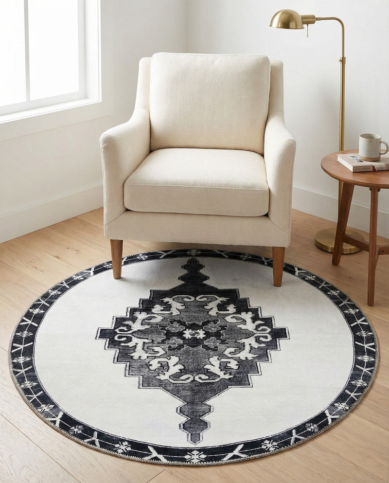 Heritage Elegance Collection Area Rug -  Winterthur (Black and White) Round Black and White  lifestyle 31