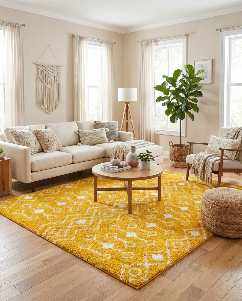 Berber Lattice Shag Collection Area Rug - Atlas (Yellow) Square Yellow  lifestyle 63
