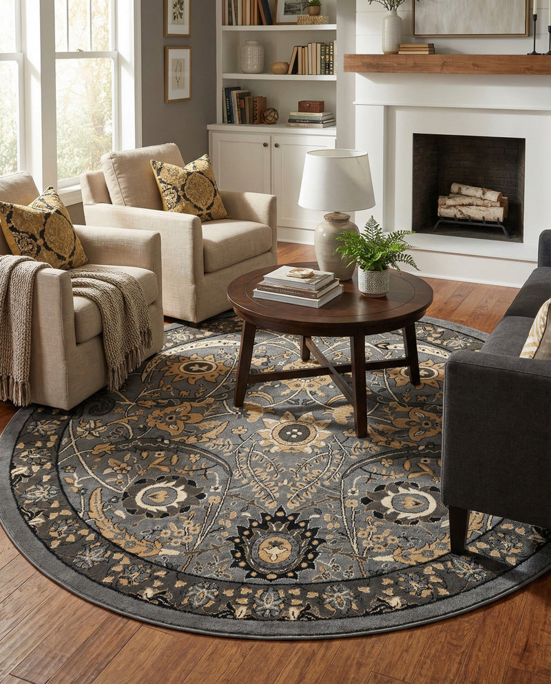 Tabriz Tapestry Collection Area Rug - Sahand (Dark Gray) Round Dark Gray  lifestyle 49