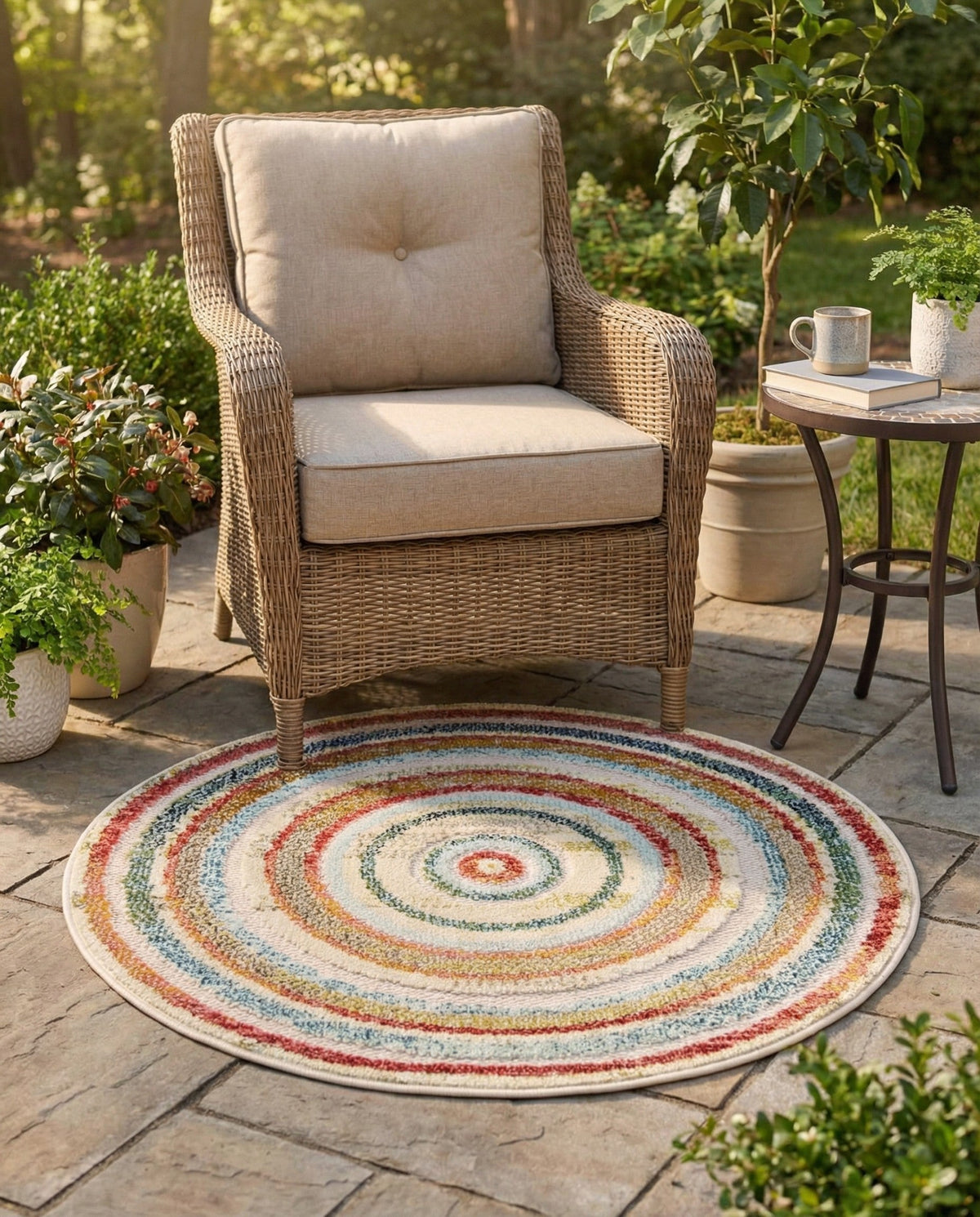 Outdoor Marrakesh Collection Area Rug -  Ouarzazate Round Multi Beige  lifestyle 90