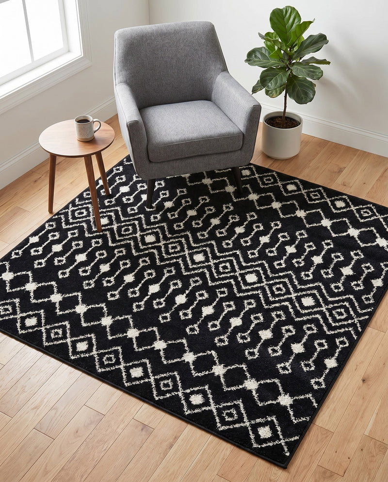 Mediterranean Lattice Collection Area Rug - Santorini (Black and White) Square Black and White  lifestyle 65