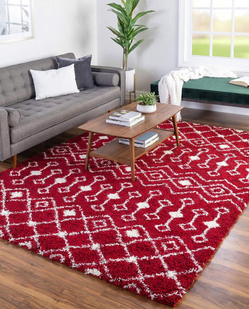 Berber Lattice Shag Collection Area Rug - Atlas (Burgundy Red) Rectangle Burgundy Red  lifestyle 15