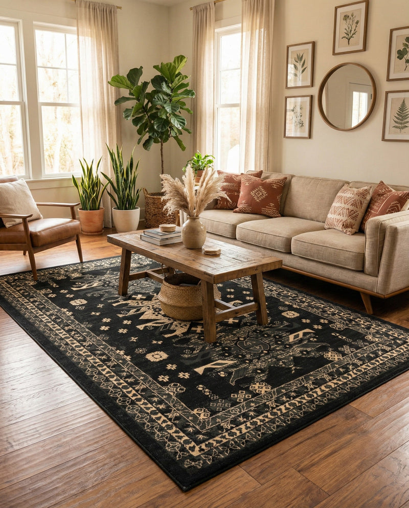 Tabriz Tapestries Collection Area Rug - Azerbaijan (Black) Rectangle Black  lifestyle 11