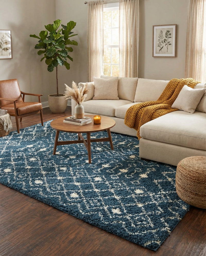 Berber Lattice Shag Collection Area Rug - Atlas (Navy Blue) Rectangle Navy Blue  lifestyle 7