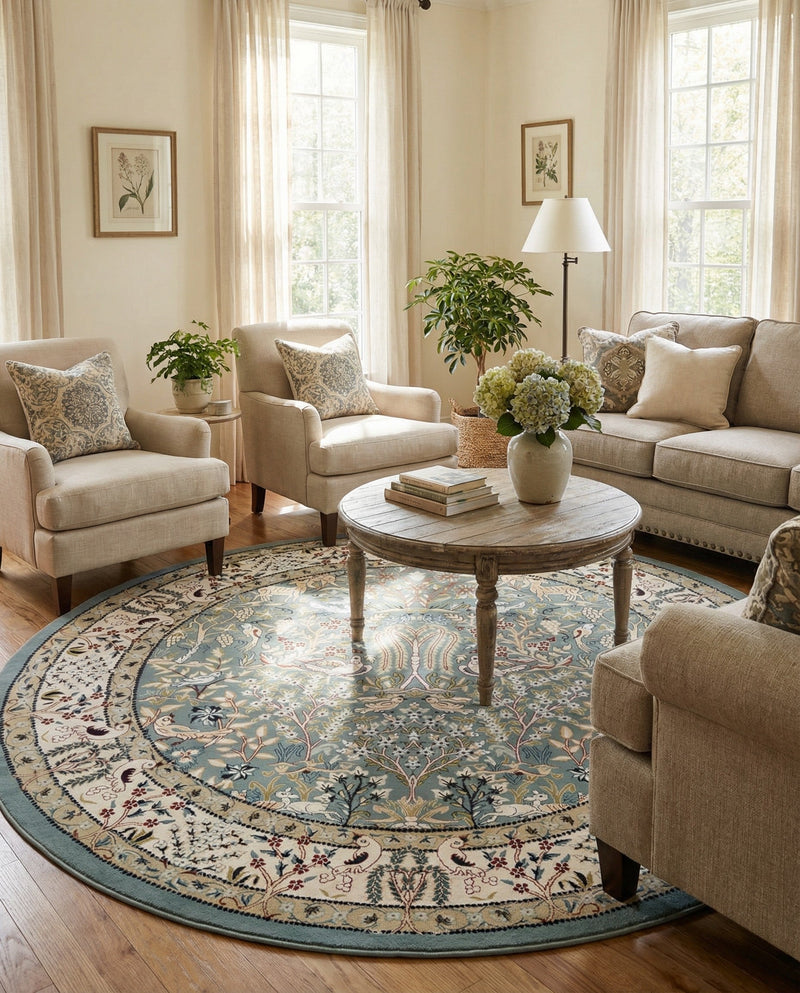 Persian Elegance Collection Area Rug -  Kerman (Blue) Round Blue  lifestyle 58