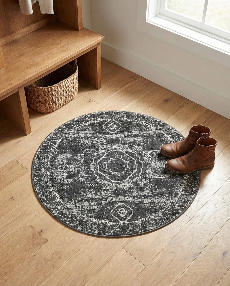 Dover Terrace Collection Area Rug -  Lagoon (Dark Gray) Round Dark Gray  lifestyle 37