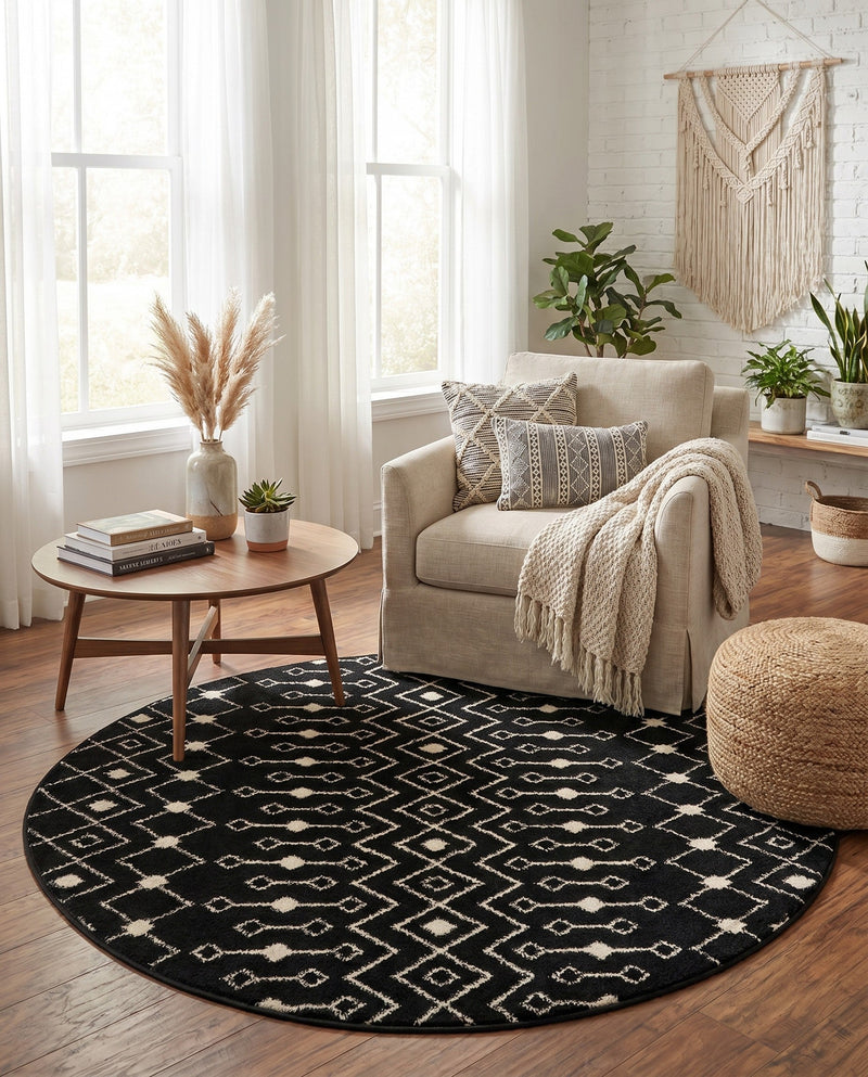 Mediterranean Lattice Collection Area Rug - Santorini (Black and White) Round Black and White  lifestyle 31