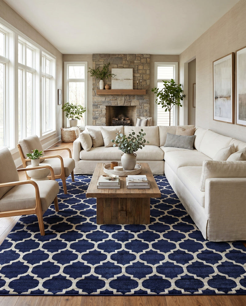 Lattice Gardens Collection Area Rug -  Bloomfield (Dark Blue) Rectangle Dark Blue  lifestyle 31