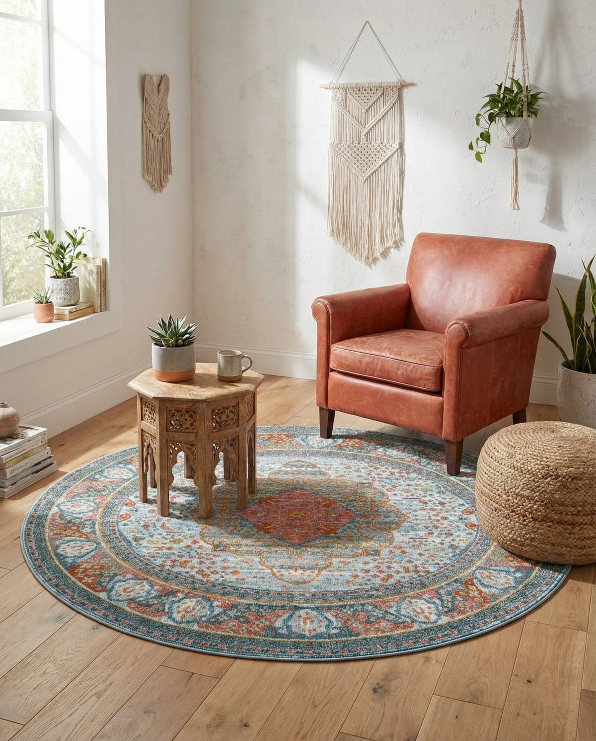 Caribbean Breeze Collection Area Rug -  Floriana Round Light Blue  lifestyle 96