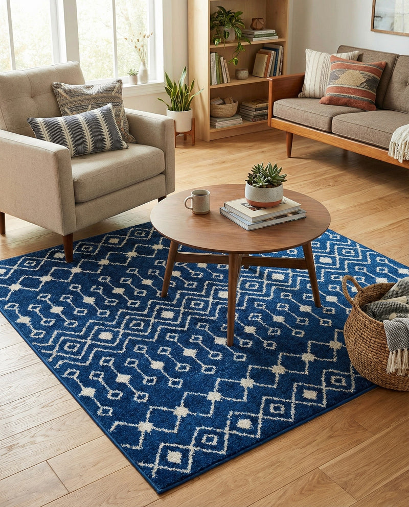 Mediterranean Lattice Collection Area Rug - Santorini (Navy Blue) Square Navy Blue  lifestyle 40