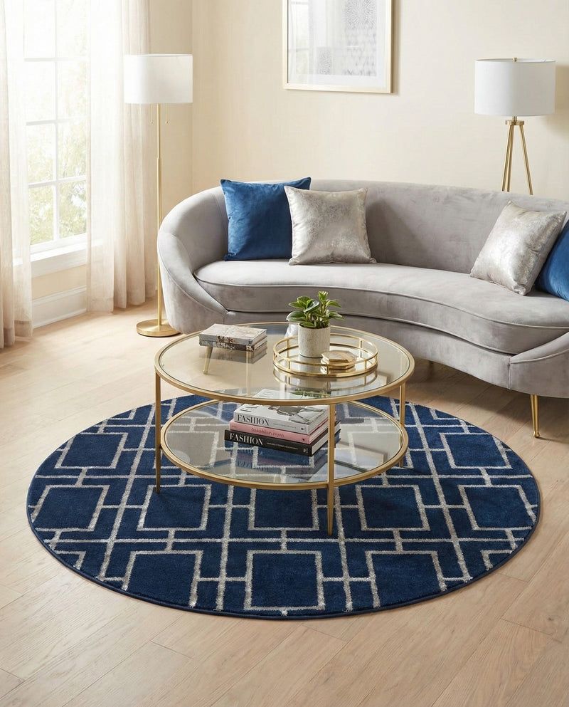 Hollywood Luxe Collection Area Rug -  Beverly (Navy Blue Silver) Round Navy Blue Silver  lifestyle 33