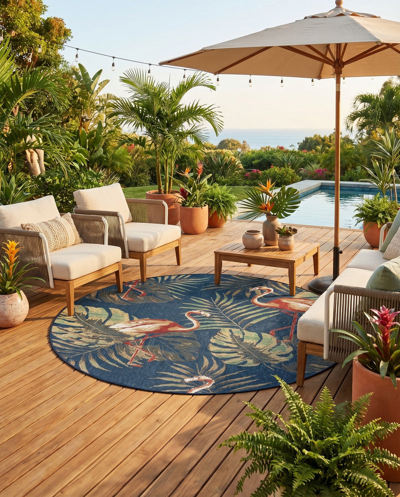 Coastal Terrace Collection Area Rug - Seabreeze Round Navy Blue  lifestyle 76
