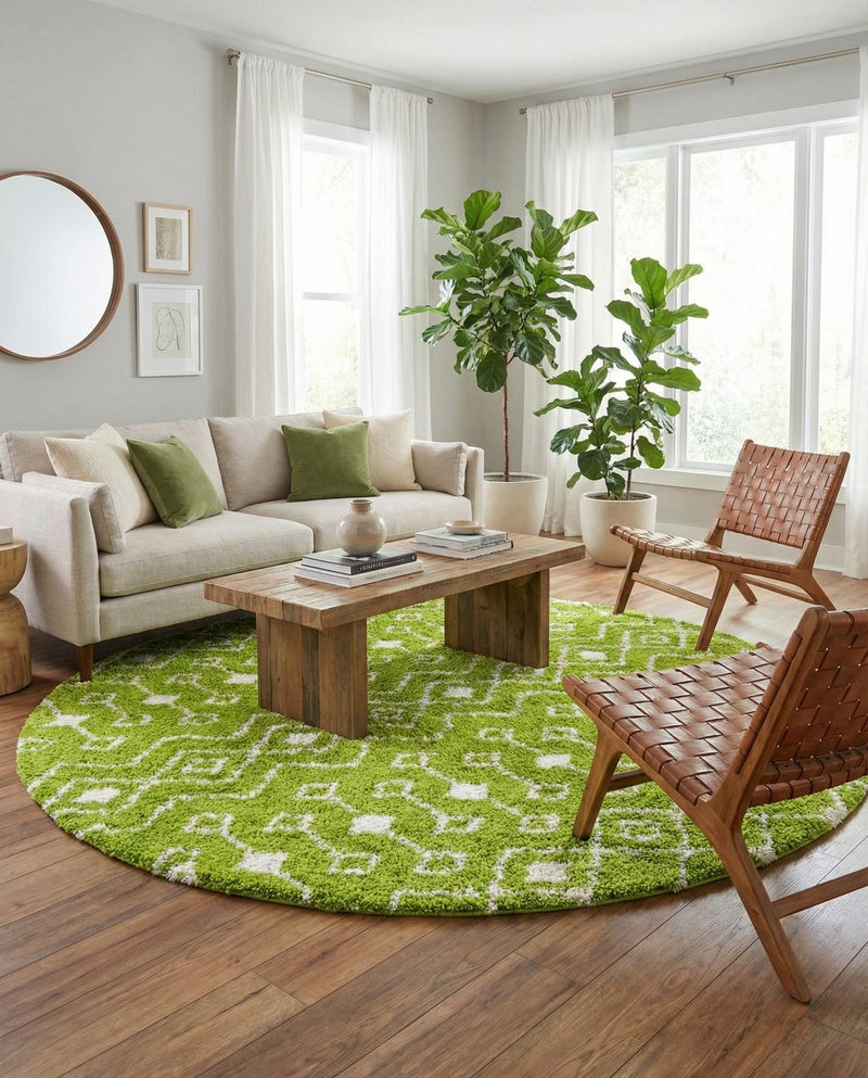 Berber Lattice Shag Collection Area Rug - Atlas (Green) Round Green  lifestyle 46