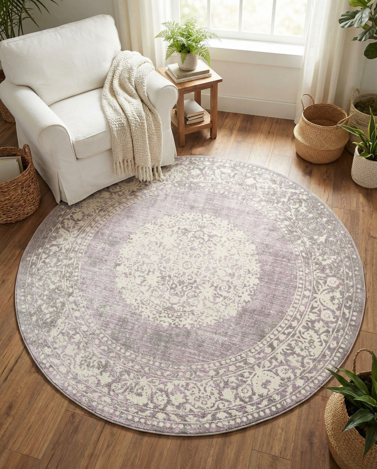 Rustic Charm Revival Collection Area Rug -  Meadowland Round Purple  lifestyle 135